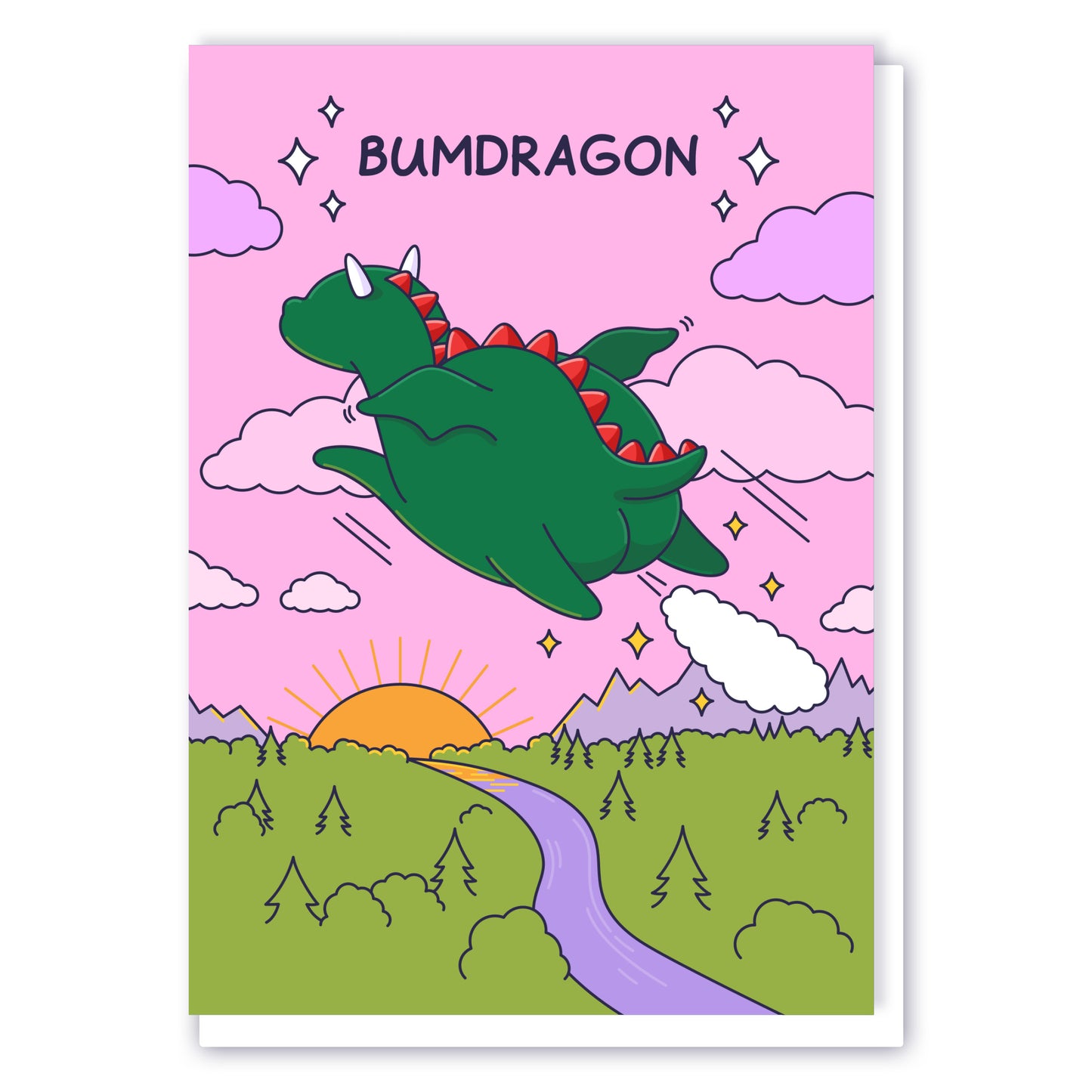 A funny greeting card of a dragon farting as he files over a beautiful sunset with a pink sky. The caption reads 'Bumdragon'.