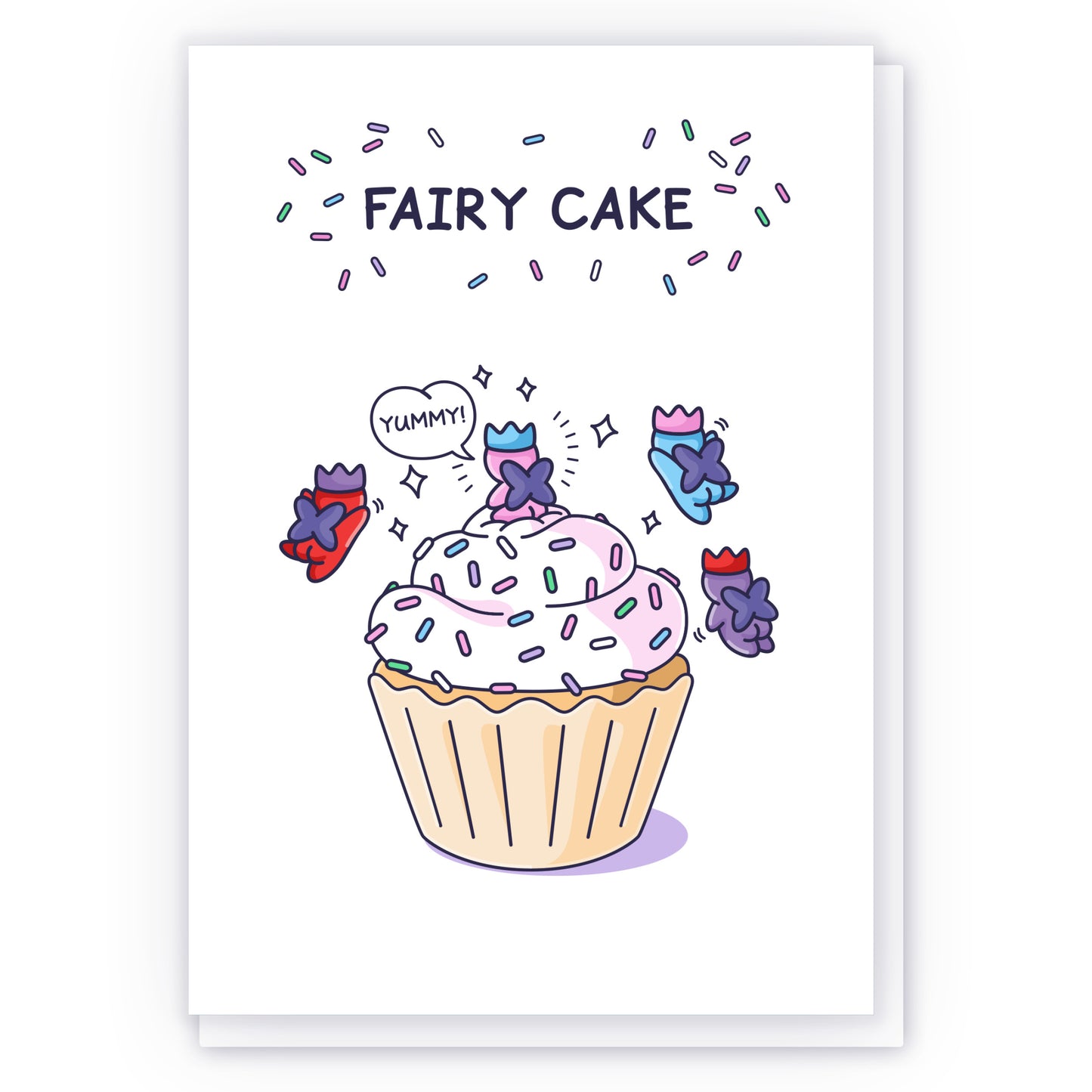 A cute funny greeting card with fairies surrounding a Fairy Cake.