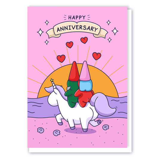 A cute gnome couple are riding on a unicorn on a beach with a beautiful sunset. Surrounding a banner with hearts and starts it reads 'Happy Anniversary'.