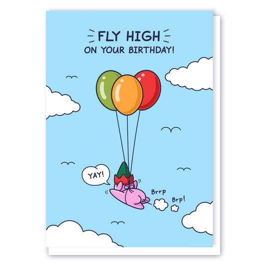 A mischievous elf is flying through blue skies using three party balloons. The caption reads 'Fly High on Your Birthday!'.