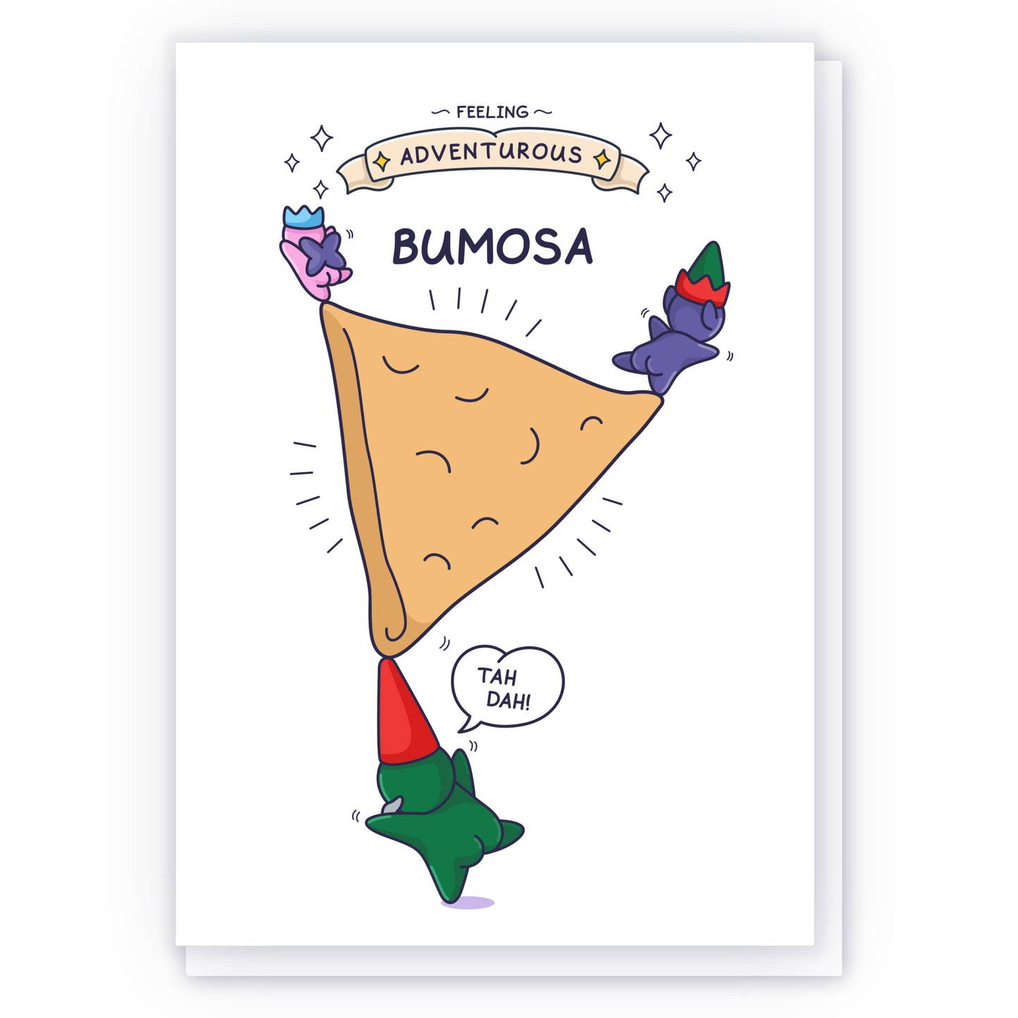 This Cheeky Legends card features a banner with the caption 'Feeling Adventurous' above the pun Bumosa. Three cute characters are holding up the Samosa.