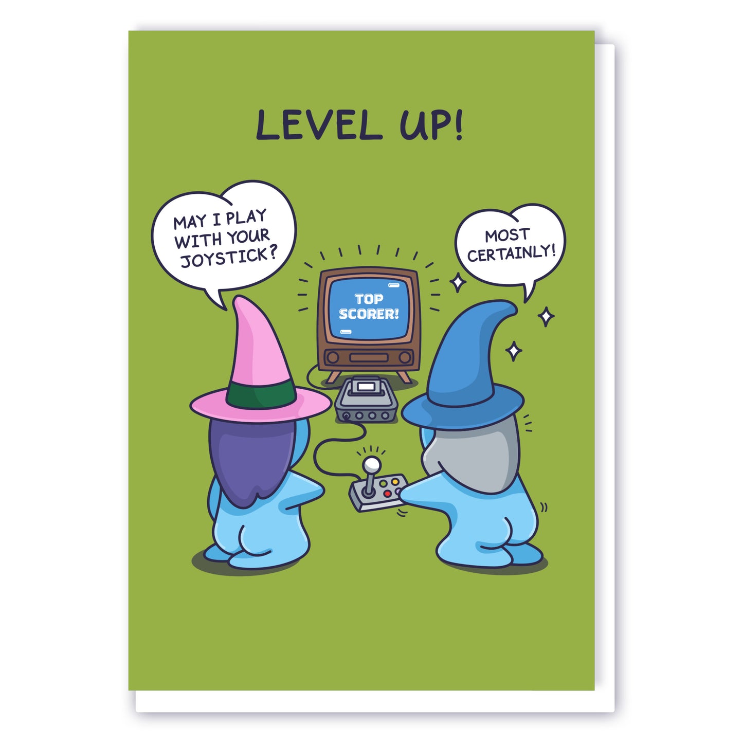 This funny computer game inspired greeting card has a cute wizard and witch couple playing a game. The Witch asks 'May I play with your Joystick' and the Wizard says 'Most certainly!' The title reads 'Level Up!' 