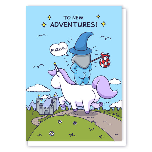 A cheeky wizard is riding a beautiful unicorn towards a castle. The caption reads 'To New Adventures'.