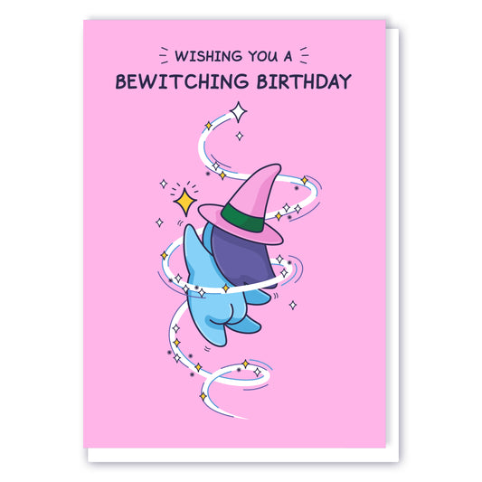 A witch is casting a magic spell as she twists and turns. She points to a magic star and the greeting card title reads 'Wishing You A Bewitching Birthday'.