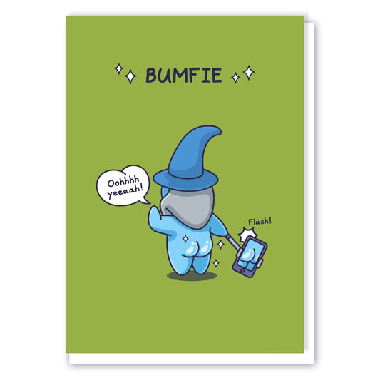 A cute and cheeky wizard is taking a photo of his bum with the caption 'Bumfie'.