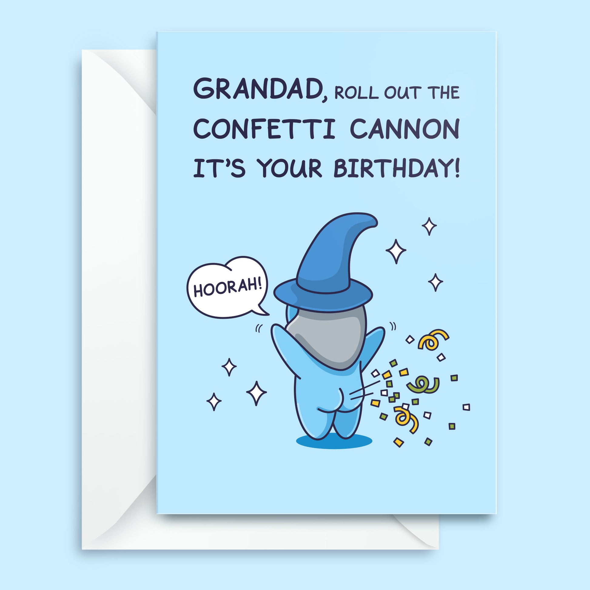 Birthday card with a blue character and confetti, text 'Grandad, roll out the confetti cannon it's your birthday!' on a light blue background.