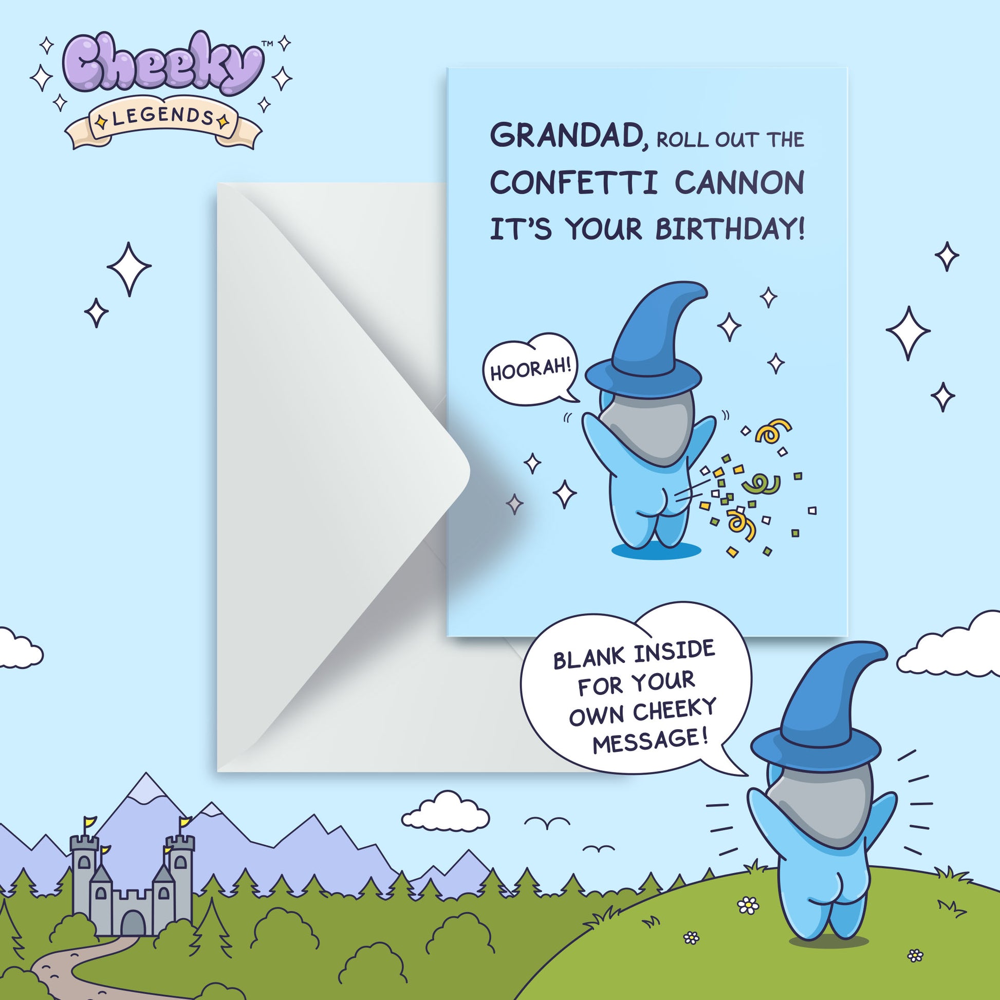 Birthday card with cartoon character and confetti cannon graphic, featuring 'Cheeky Legends' branding.