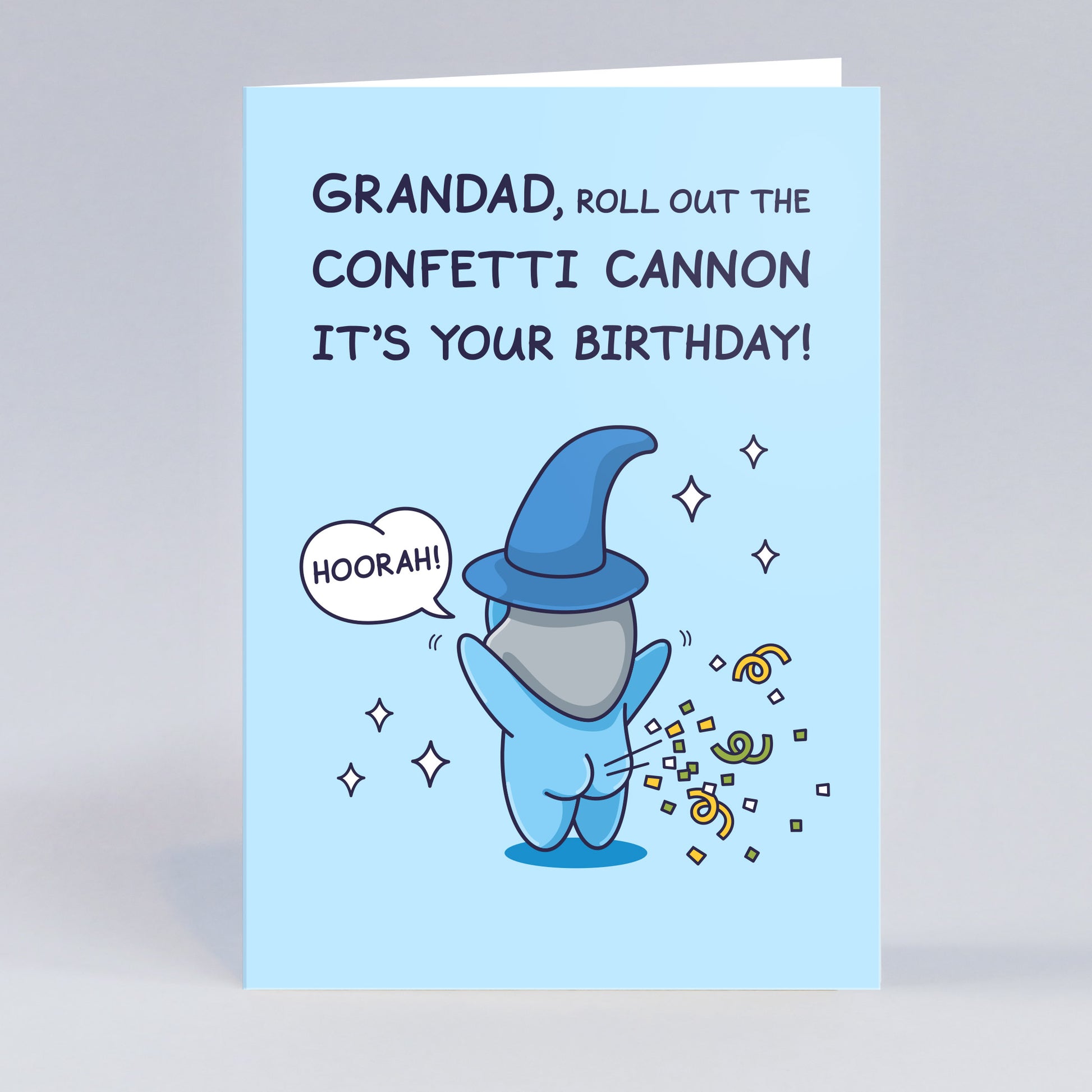 Fun Happy Birthday Greeting card with a cute Wizard and birthday message on a light blue background.