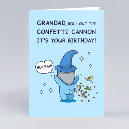 Fun Happy Birthday Greeting card with a cute Wizard and birthday message on a light blue background.