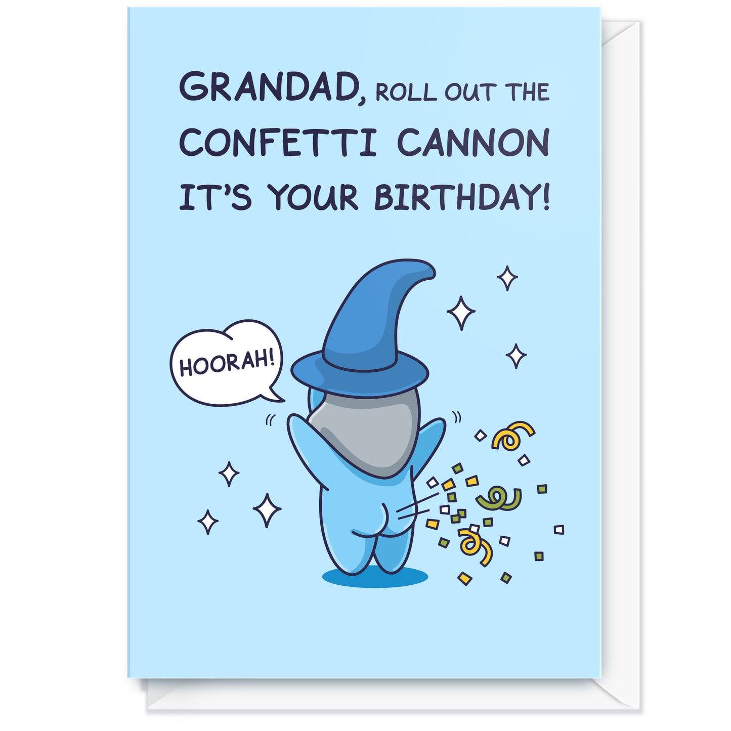 Silly Birthday card with a blue wizard character and text on a light blue background and sparkles.