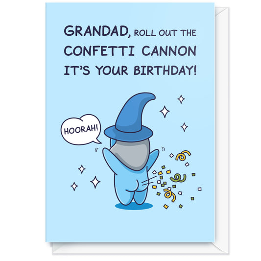Silly Birthday card with a blue wizard character and text on a light blue background and sparkles.