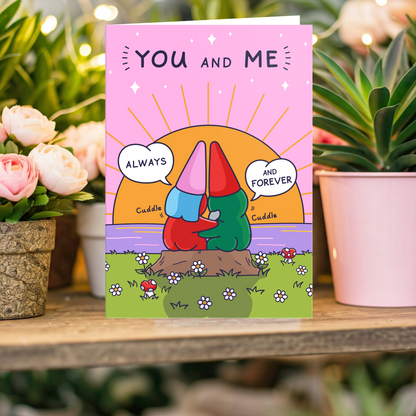 Cute Anniversary Card - You and Me Forever - Sunset Gnomes