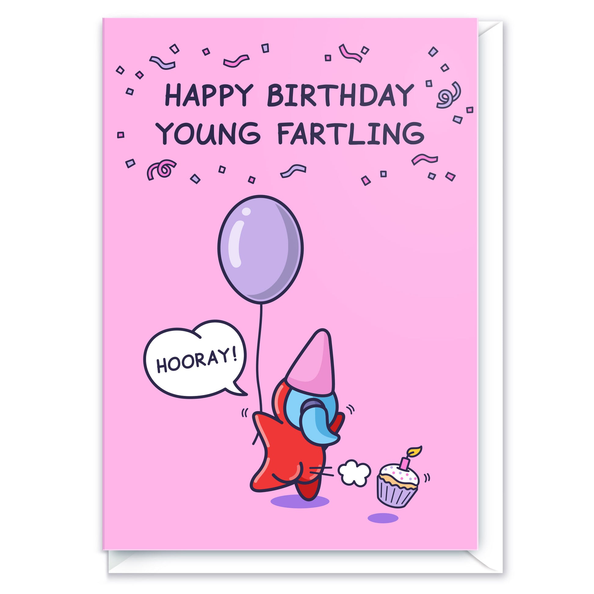 A cute child gnome is blowing out a birthday candle in a funny way! The caption reads 'Happy Birthday Young Fartling'.