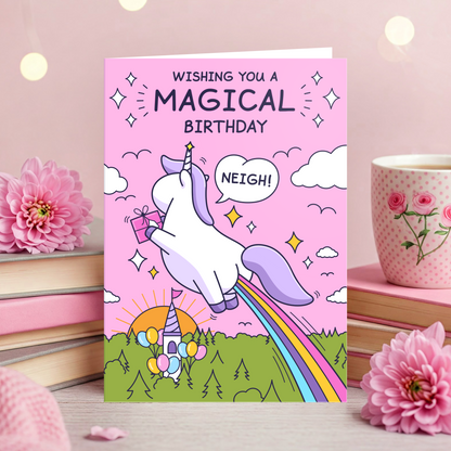 Cute Birthday Card For Girl - Magic Unicorn Rainbow