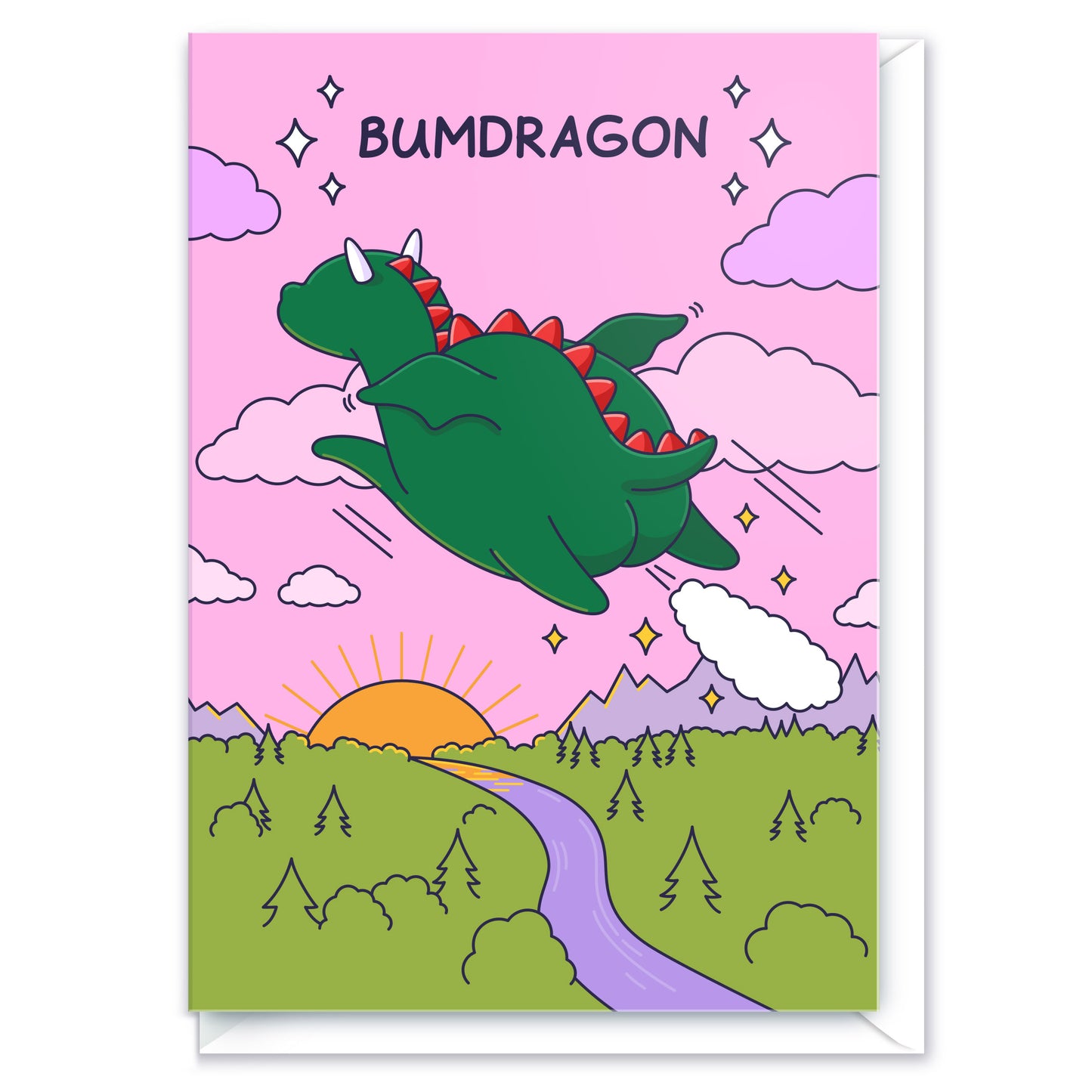 A funny greeting card of a dragon farting as he files over a beautiful sunset with a pink sky. The caption reads 'Bumdragon'.