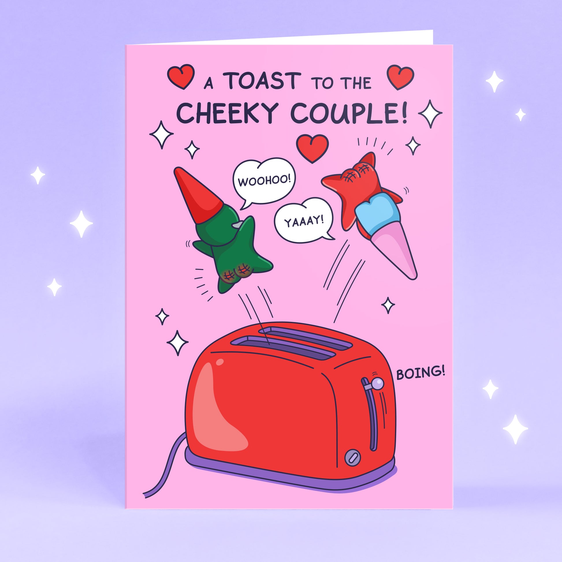 A cute gnome couple are leaping out of a toaster. The funny title reads 'A Toast to the Cheeky Couple!'