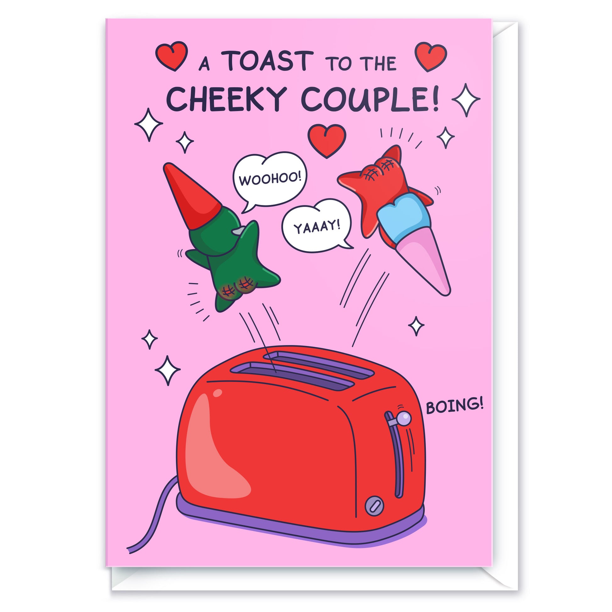 A cute gnome couple are leaping out of a toaster. The funny title reads 'A Toast to the Cheeky Couple!'