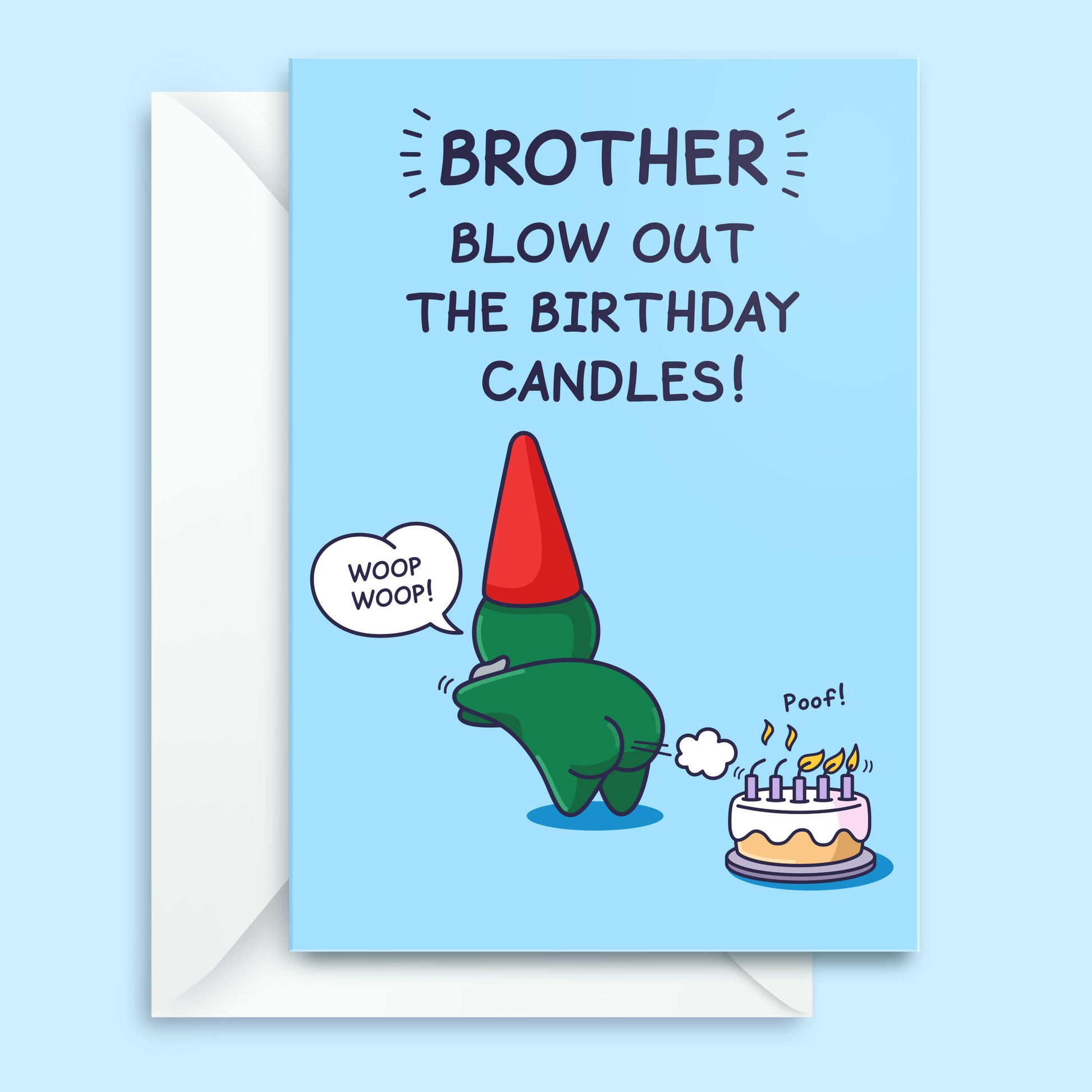 Birthday card with cartoon character blowing out candles on a cake, text 'Brother blow out the birthday candles!', on a light blue background.