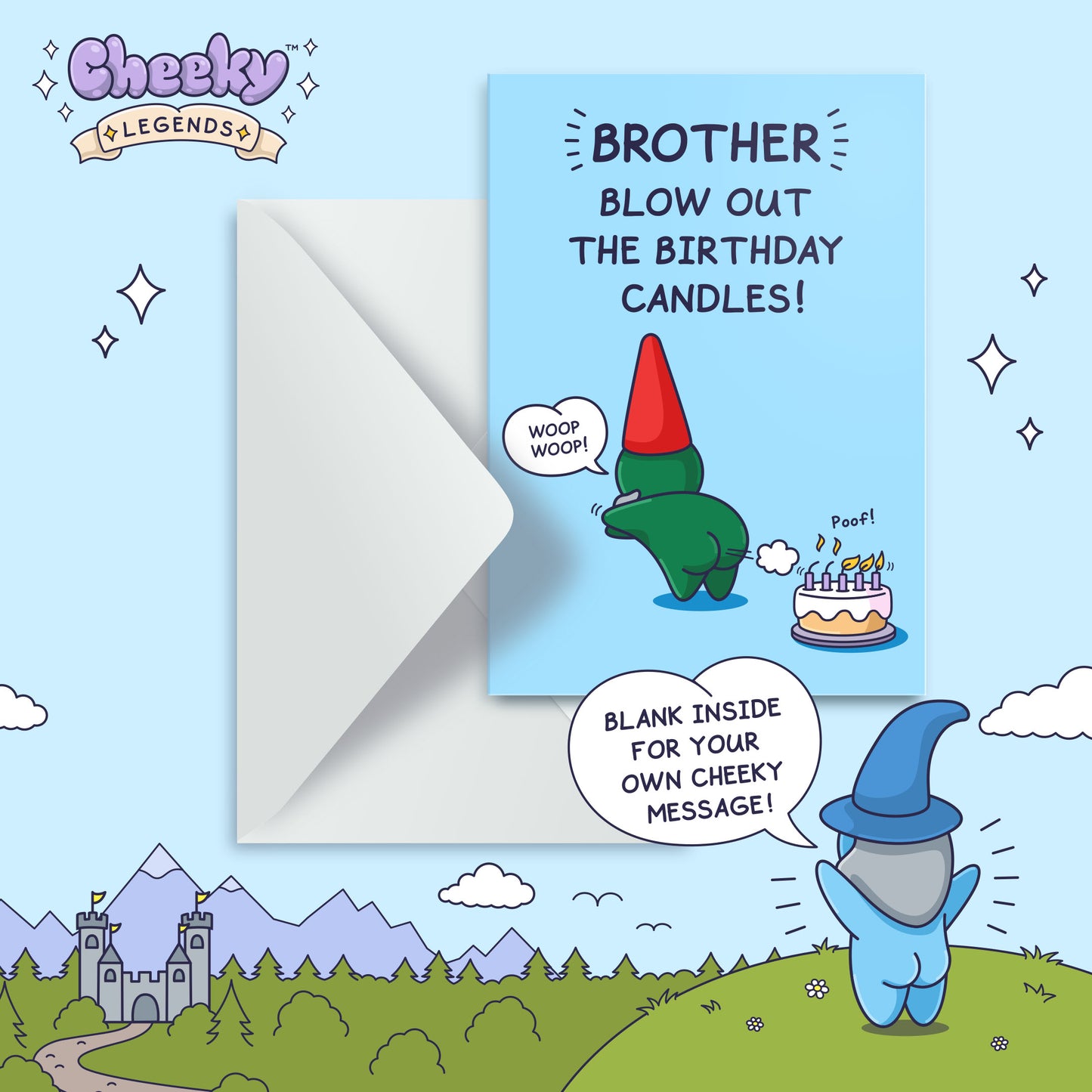 Greeting card with cartoon gnomes and birthday message on a blue background with 'Cheeky Legends' branding.
