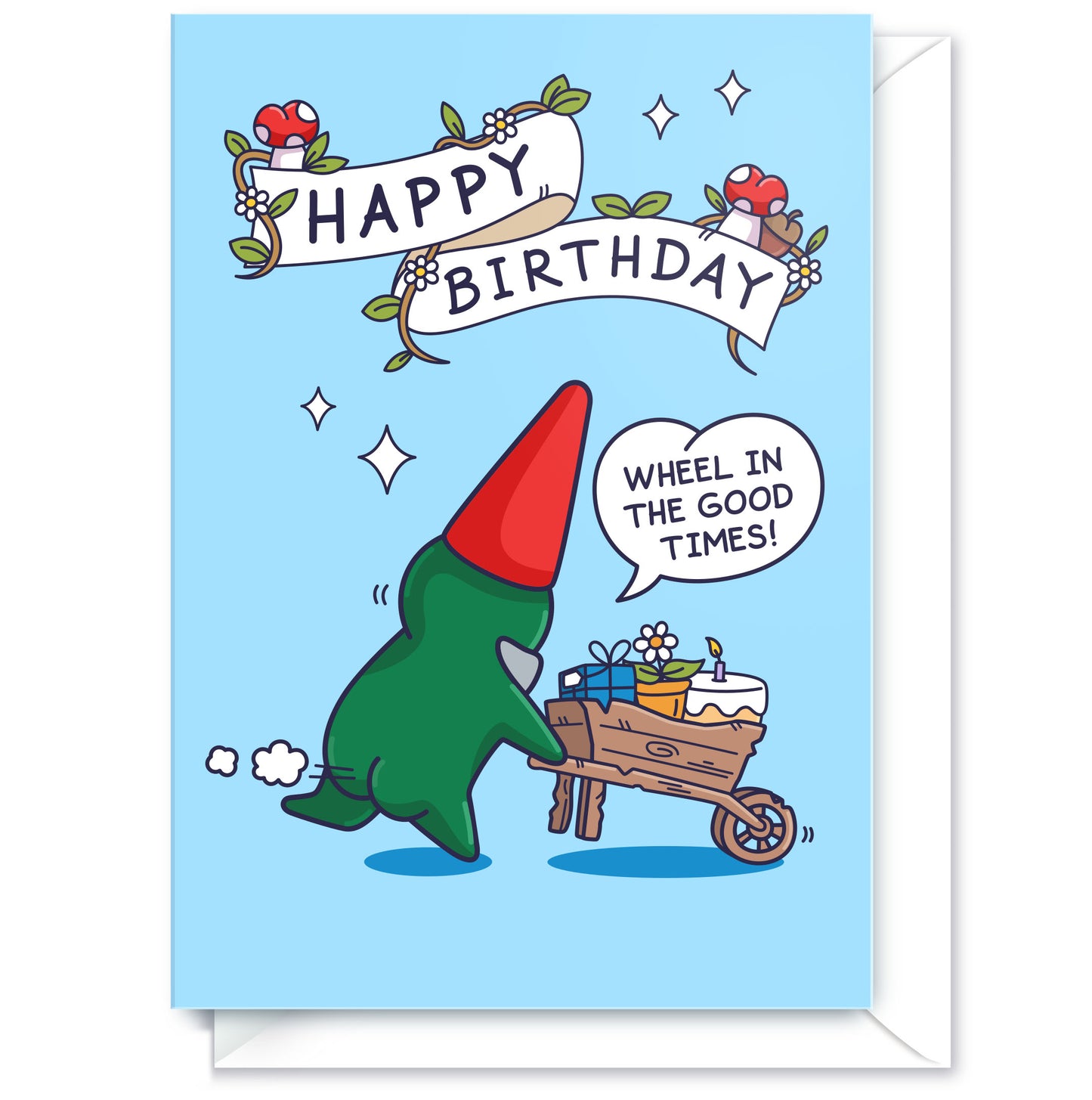 Wheelbarrow Cake Gnome - Funny Birthday Card - For Him