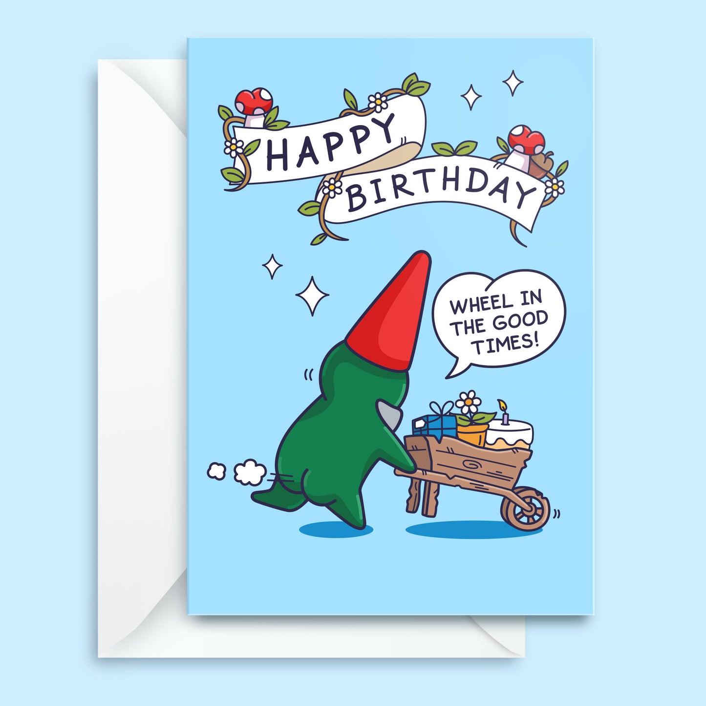 Wheelbarrow Cake Gnome - Funny Birthday Card - For Him