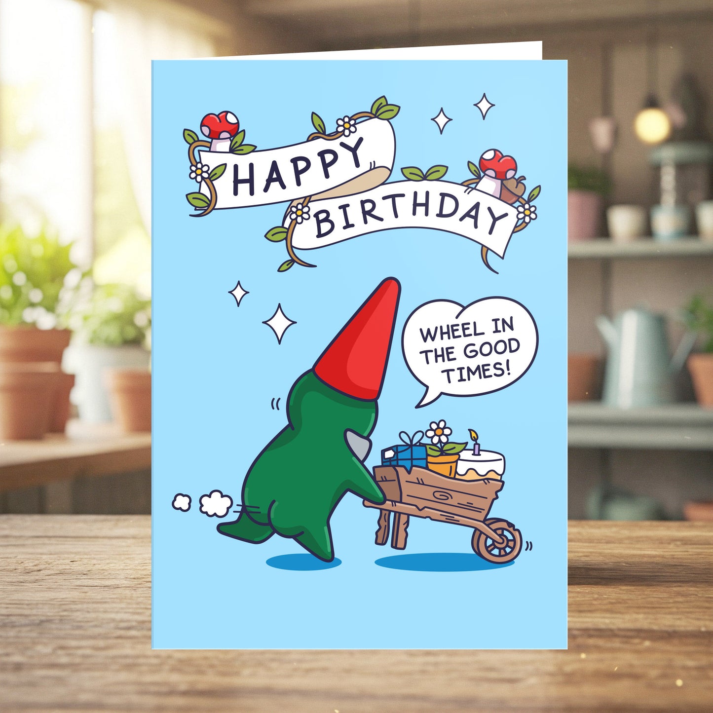 Wheelbarrow Cake Gnome - Funny Birthday Card - For Him