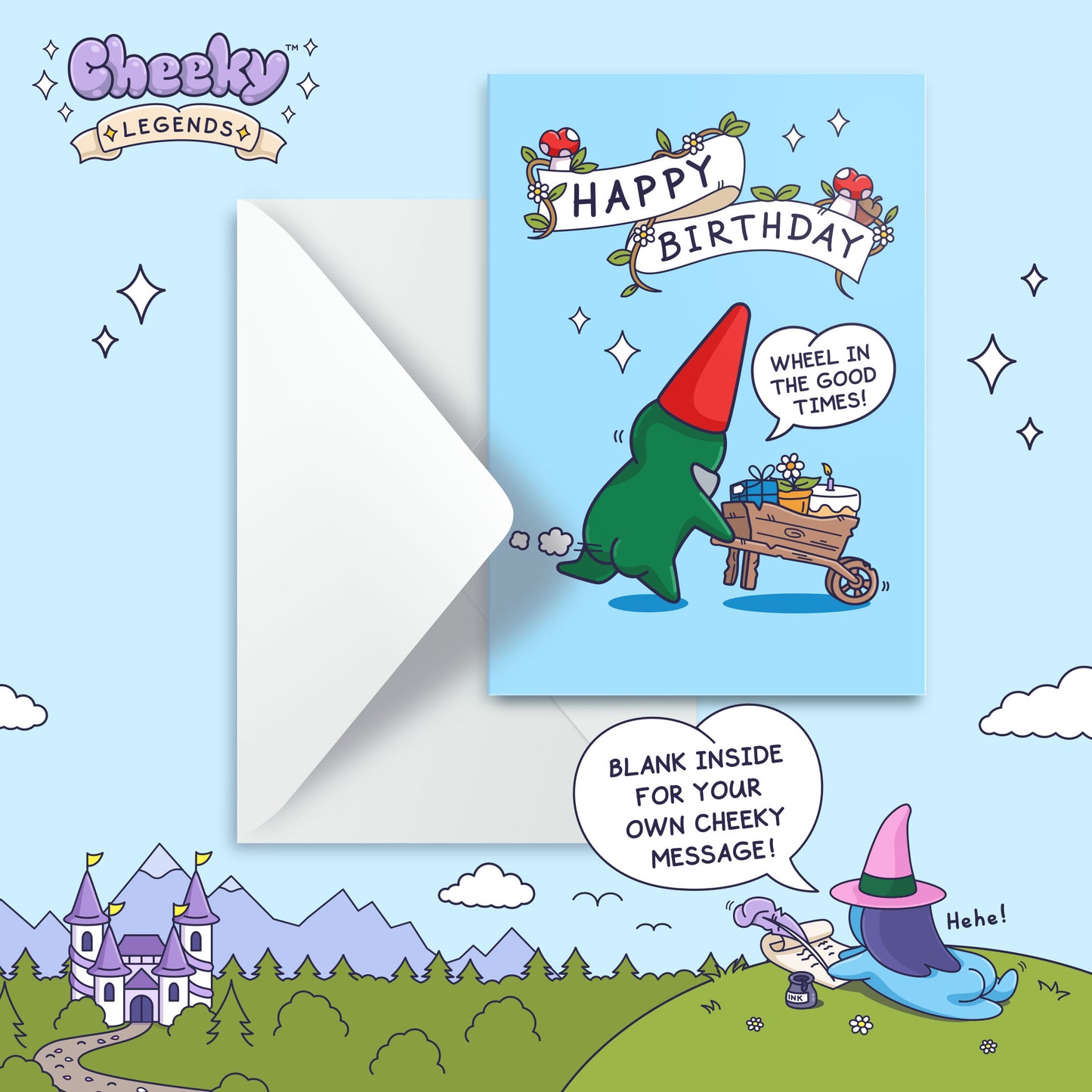 Wheelbarrow Cake Gnome - Funny Birthday Card - For Him