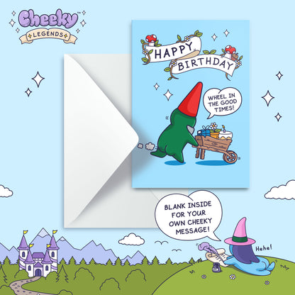 Wheelbarrow Cake Gnome - Funny Birthday Card - For Him