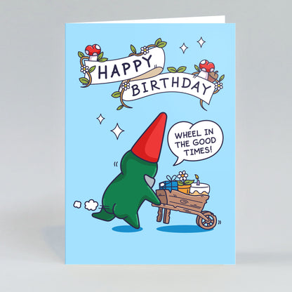 A funny birthday card illustration of a gnome running with a wheelbarrow filled with presents and a birthday cake, ready for a celebration. The gnome looks excited and is wearing a red hat.