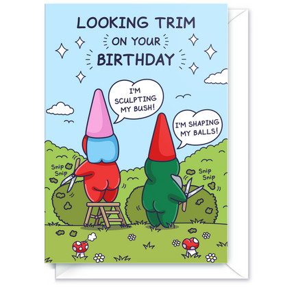Funny Birthday Card - Trimming Her Bush and His Balls - Garden Gnomes