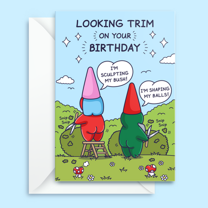 Funny Birthday Card - Trimming Her Bush and His Balls - Garden Gnomes