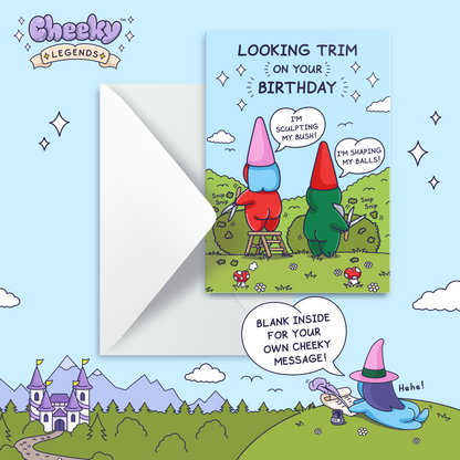 Funny Birthday Card - Trimming Her Bush and His Balls - Garden Gnomes