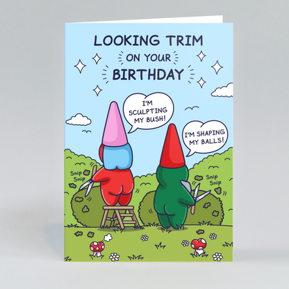 Funny Birthday Card - Trimming Her Bush and His Balls - Garden Gnomes
