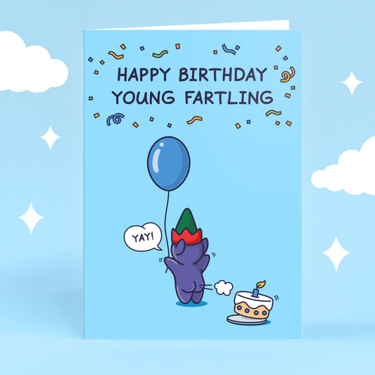 A small elf is blowing out a birthday candle in a very funny way. He is holding a balloon and saying 'Yay!' The caption reads 'Happy Birthday Young Fartling'.