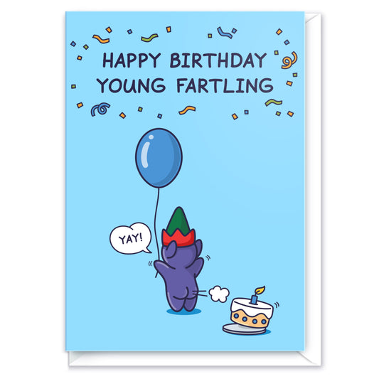 A small elf is blowing out a birthday candle in a very funny way. He is holding a balloon and saying 'Yay!' The caption reads 'Happy Birthday Young Fartling'.
