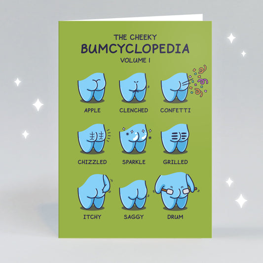 This Cheeky Legends card features nine cute and funny cartoon bums in the following order 'Apple', 'Clenched', 'Confetti', 'Chizzled', 'Sparkle', 'Grilled', 'Itchy', 'Saggy' and 'Drum'.