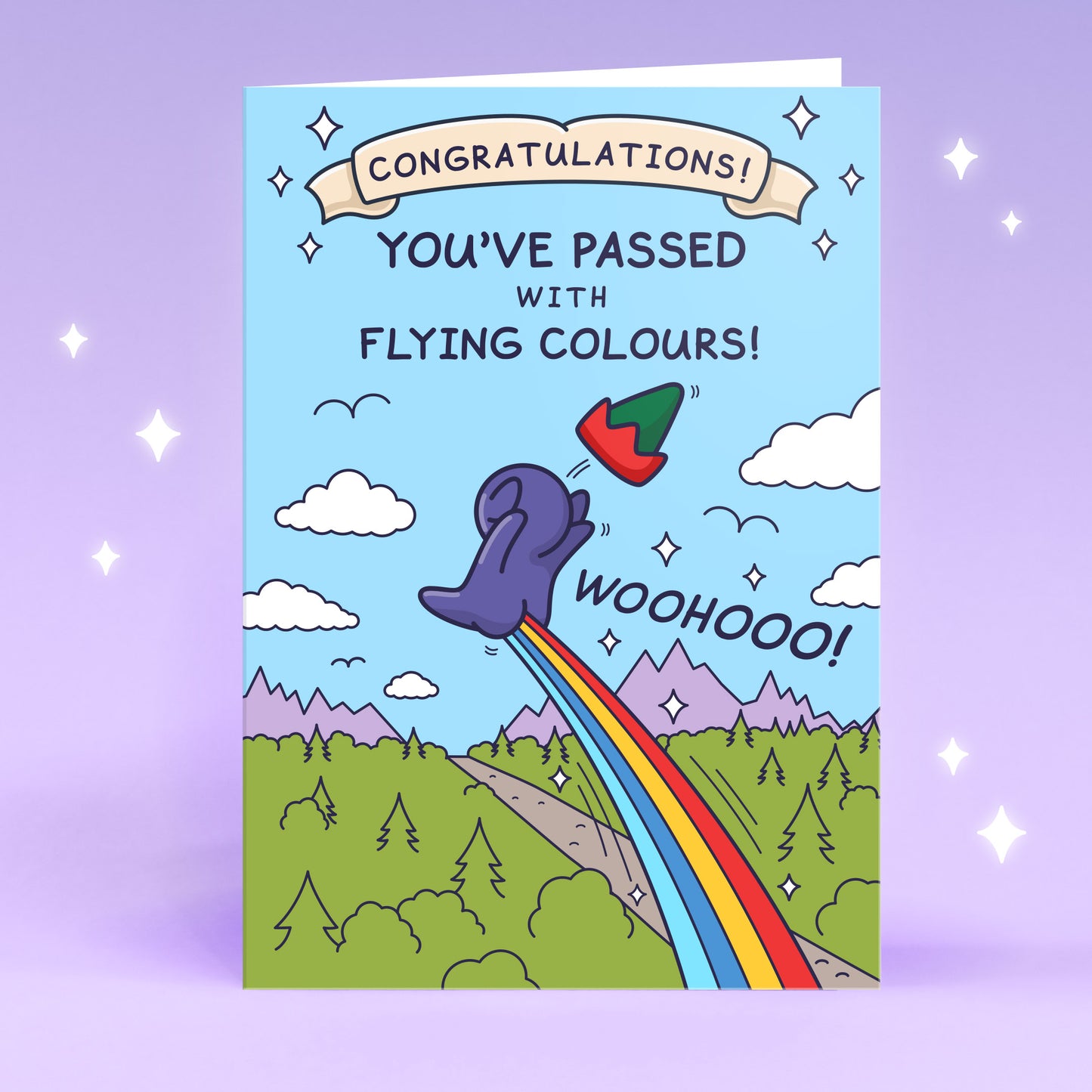 Funny Congratulations card featuring a cute and cheeky legends elf flying with a rainbow. Text reads 'You've Passed with Flying Colours!' with a Cheeky Legends character.