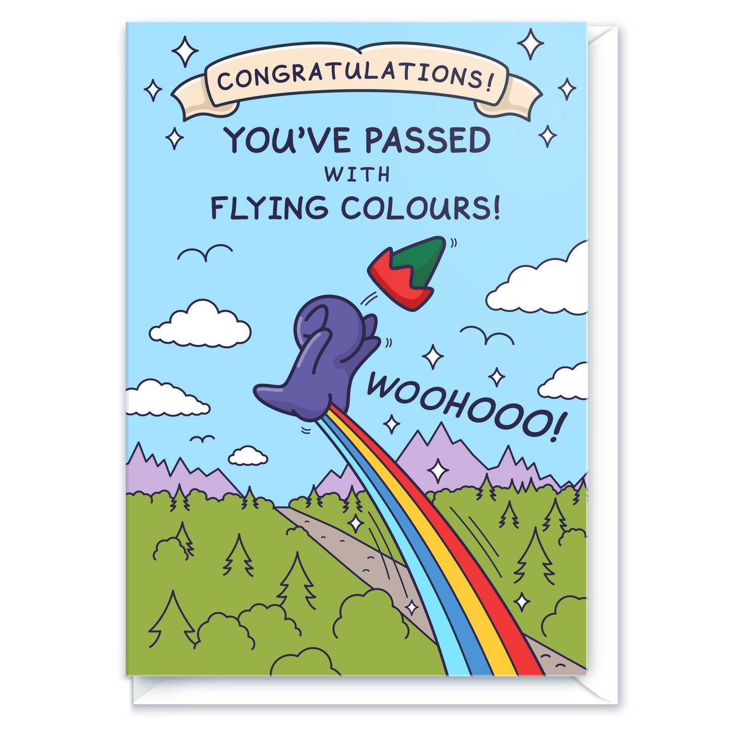 Funny Congratulations card featuring a cute and cheeky legends elf flying with a rainbow. Text reads 'You've Passed with Flying Colours!'