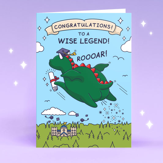 A funny graduation card with a dragon farting. Holding a diploma / certificate and flying away from a college / university. 