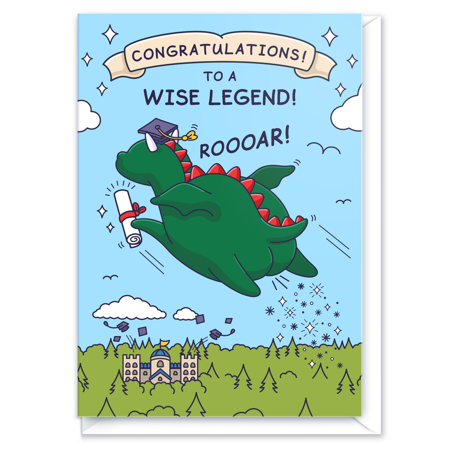 A funny graduation card with a dragon farting. Holding a diploma / certificate and flying away from a college / university. 