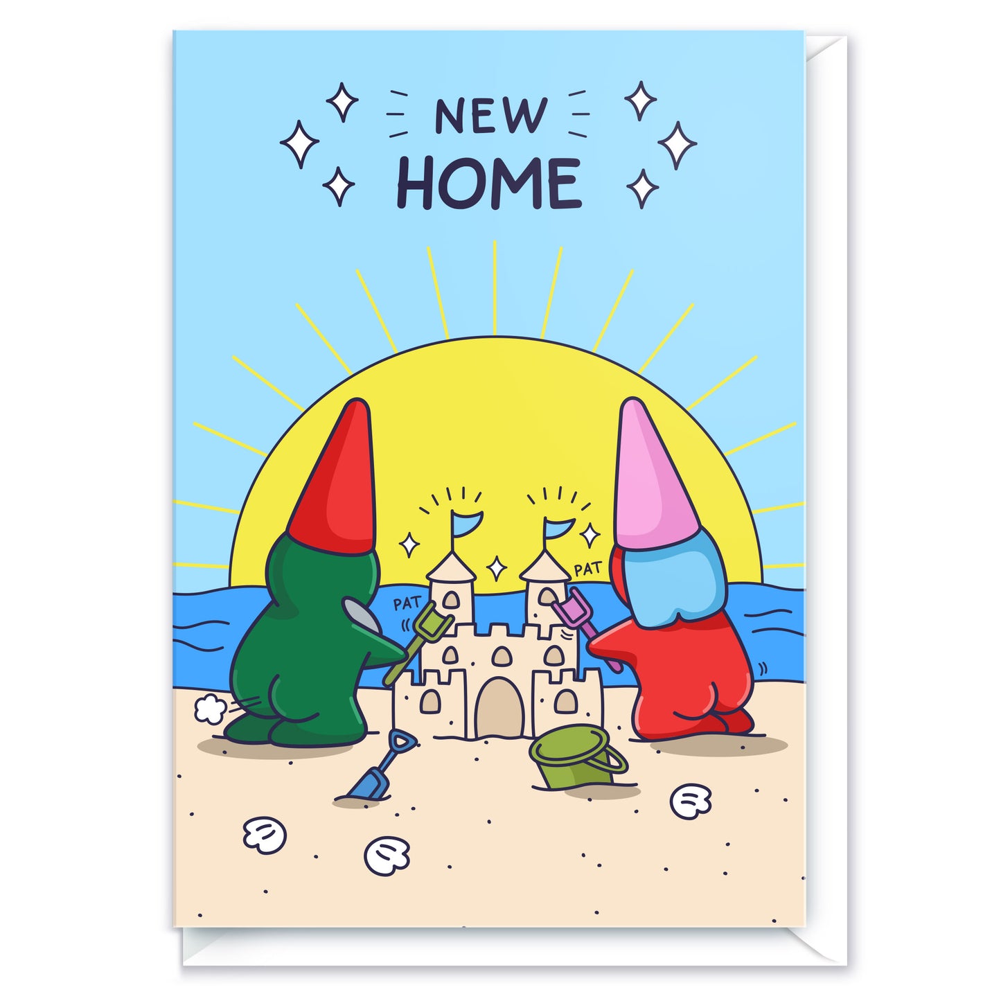 Funny New Home card with two gnomes building a sandcastle together. 