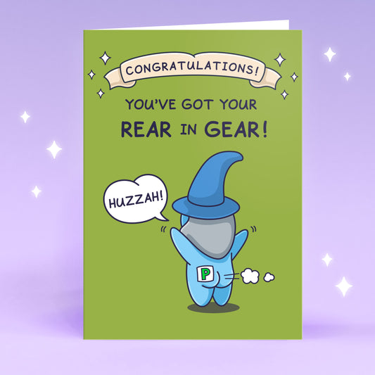 Funny card Passed Driving, cute cartoon of a Cheeky Legends Wizard farting.