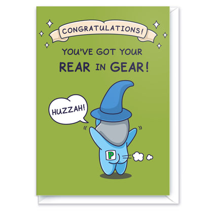 Funny card Passed Driving, cute cartoon of a Cheeky Legends Wizard farting.