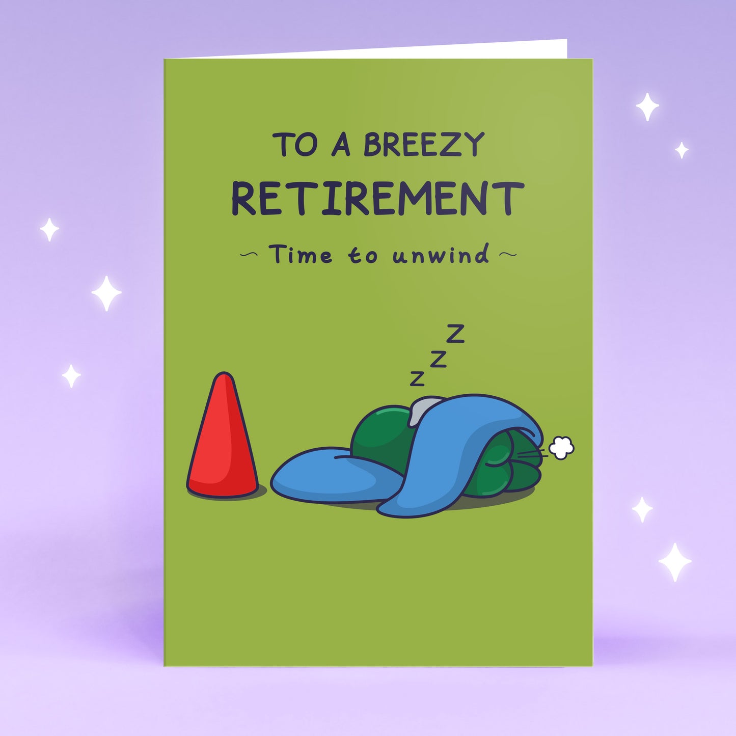 An gnome is sleeping with a blanket, but it does not cover his bottom and we see a comical fart. The funny greeting card caption reads 'To a Breezy Retirement - Time to Unwind'.