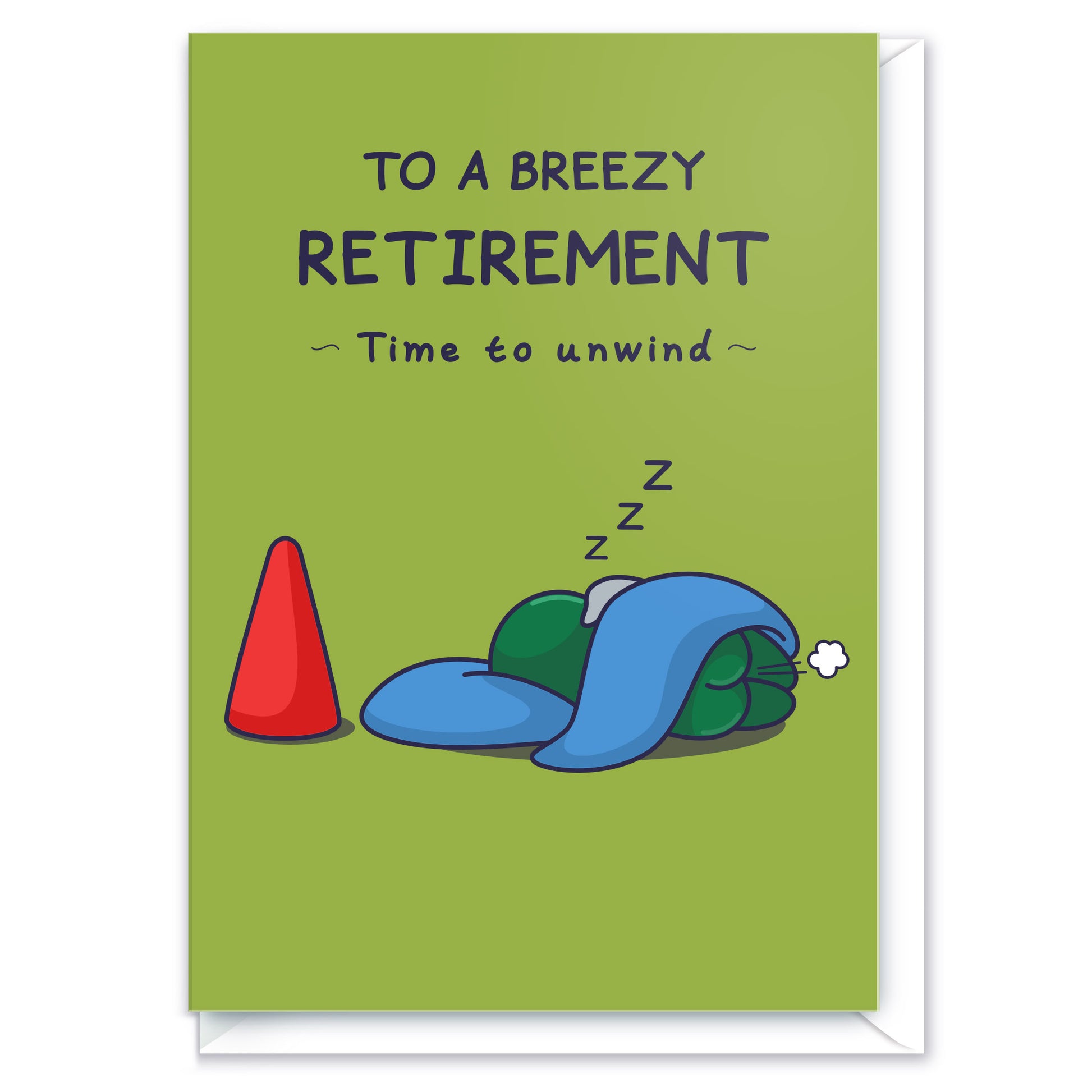 An gnome is sleeping with a blanket, but it does not cover his bottom and we see a comical fart. The funny greeting card caption reads 'To a Breezy Retirement - Time to Unwind'.