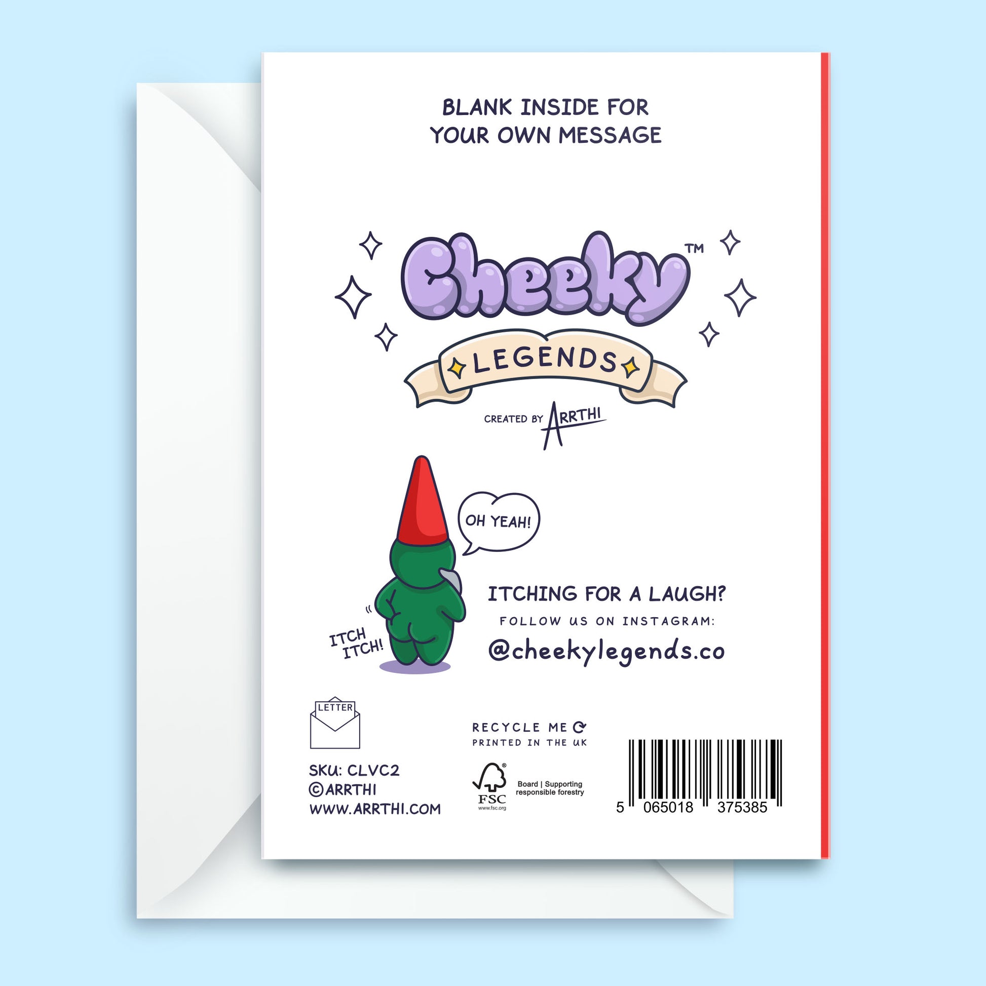 Back of a greeting card with 'Cheeky Legends' branding and cartoon character on a light blue background