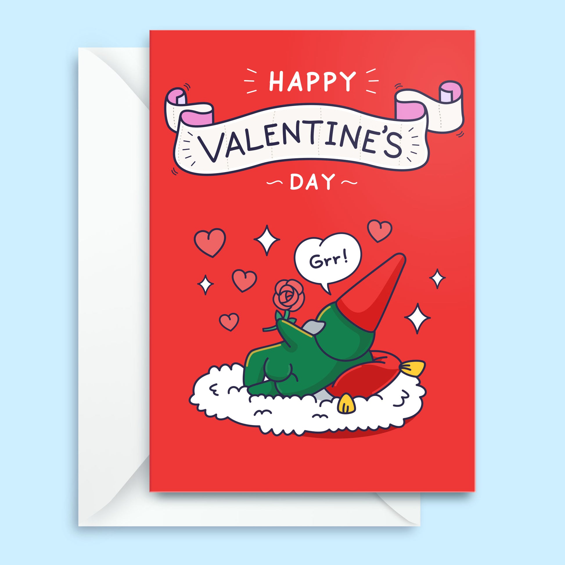 Valentine's Day card with a cartoon character on a red background