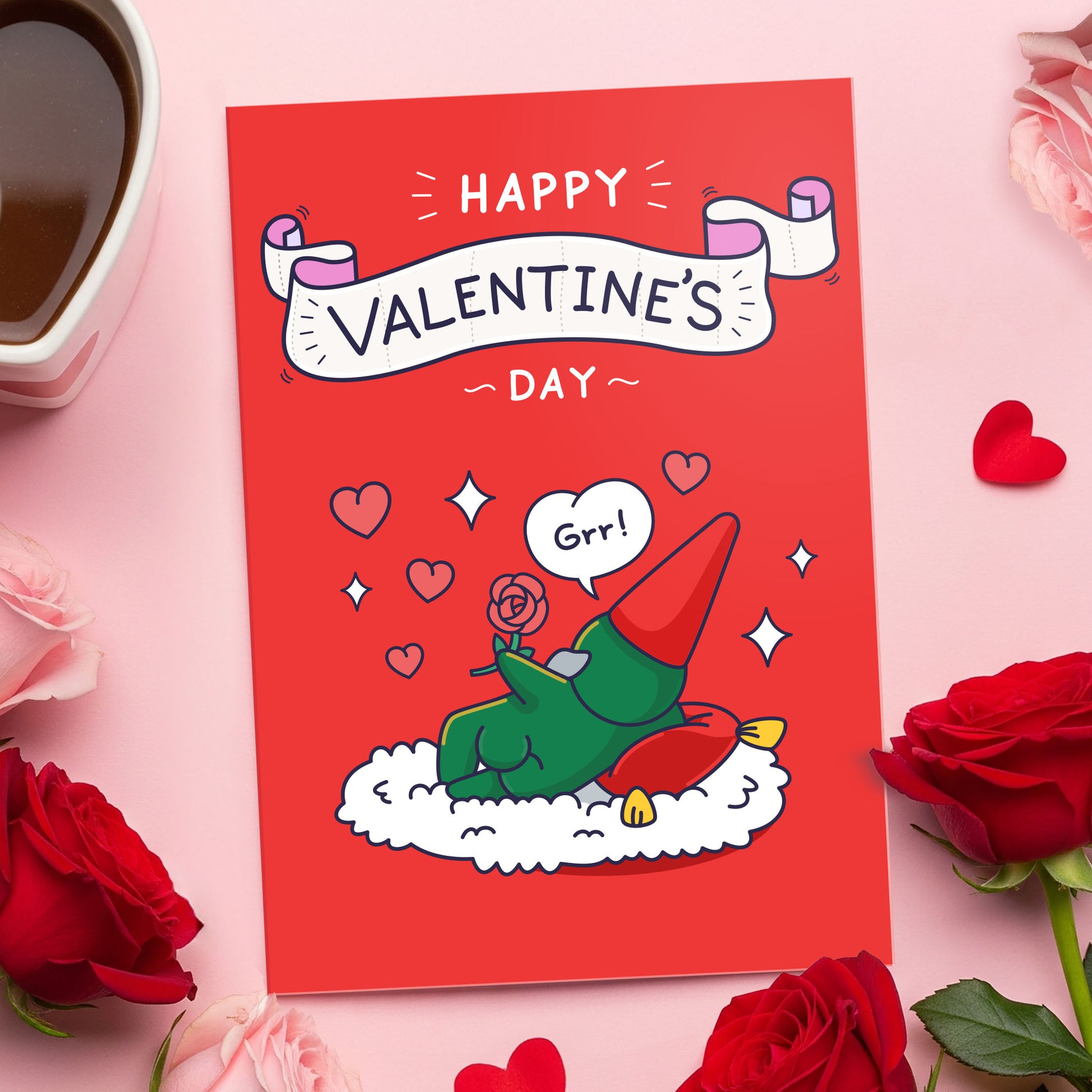 Valentine's Day card with a cartoon character surrounded by roses and coffee on a pink background