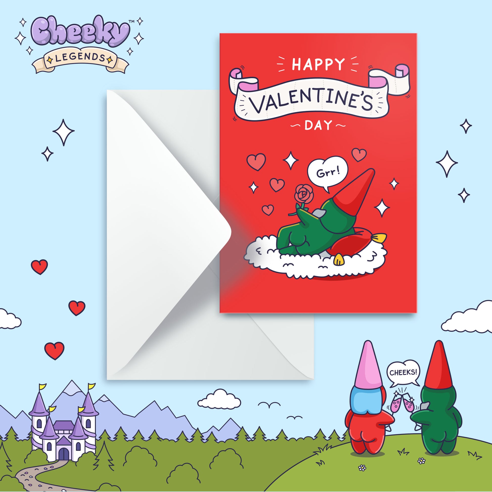 Cheeky Legends Valentine's Day card with cartoon gnomes and 'Happy Valentine's Day' text on a colorful background.