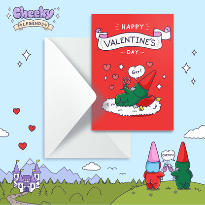 Cheeky Legends Valentine's Day card with cartoon gnomes and 'Happy Valentine's Day' text on a colorful background.